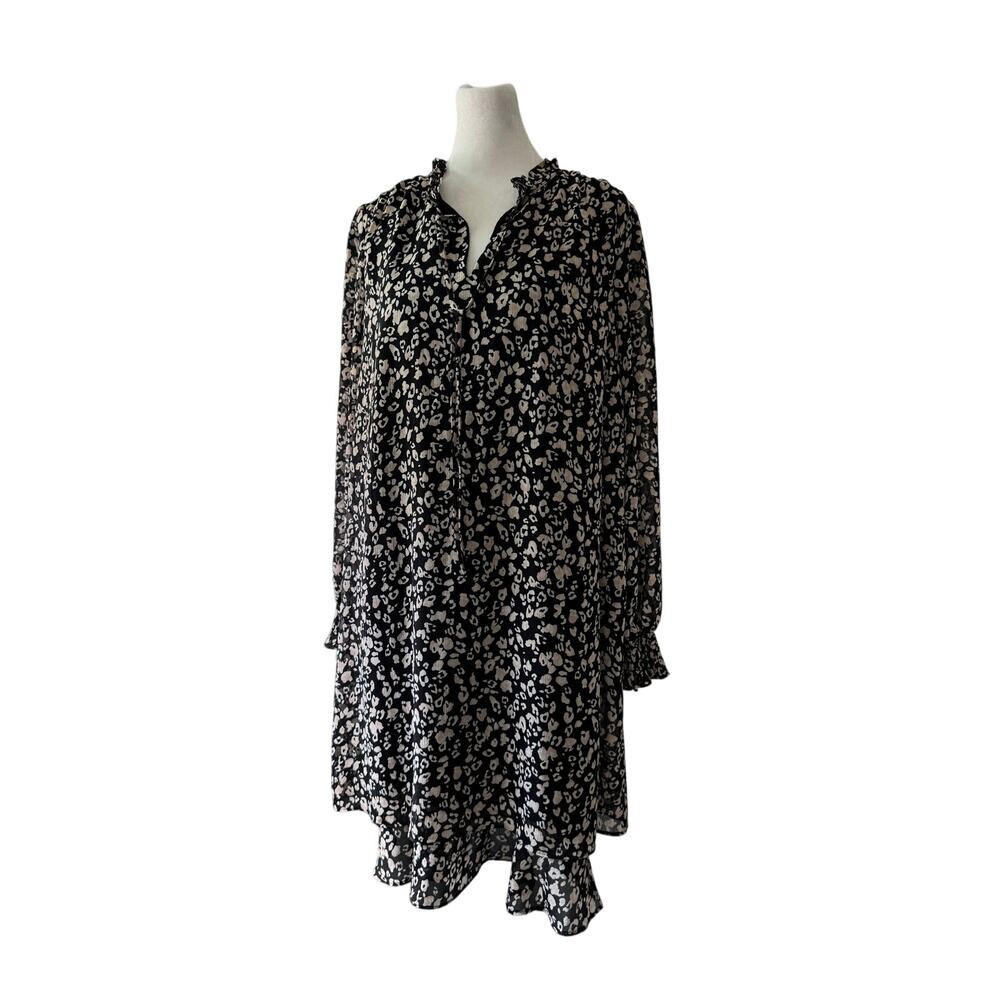 Ann Taylor Factory Black & Beige Abstract Print Long Sleeve Knee Length Dress
